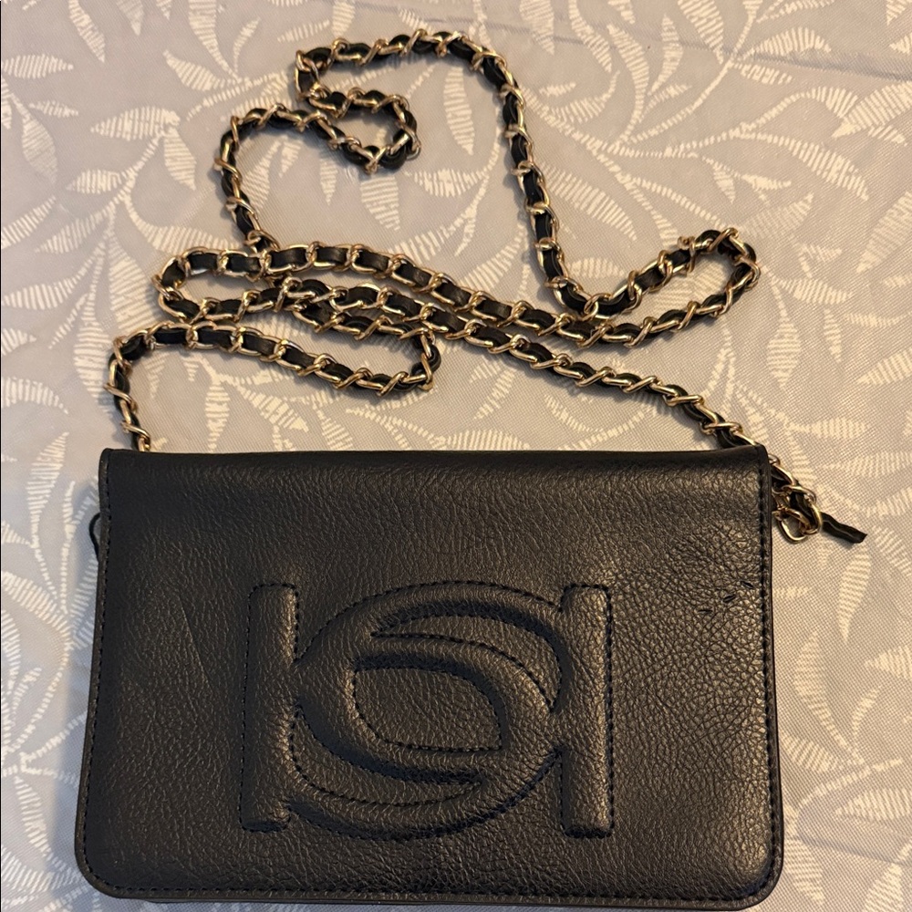 bebe Black Leather Crossbody Bag with Gold Chain Strap